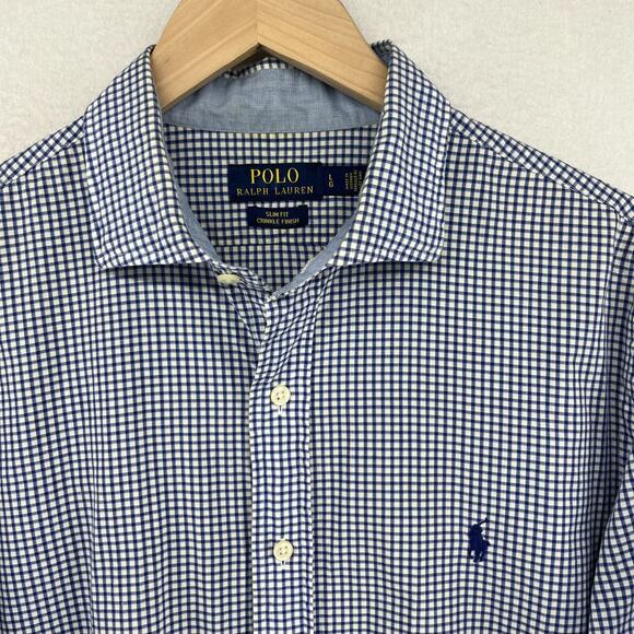 Polo by Ralph Lauren Other - POLO RALPH LAUREN Shirt Mens L Slim Crinkle Finish Gingham Check Cotton Blue